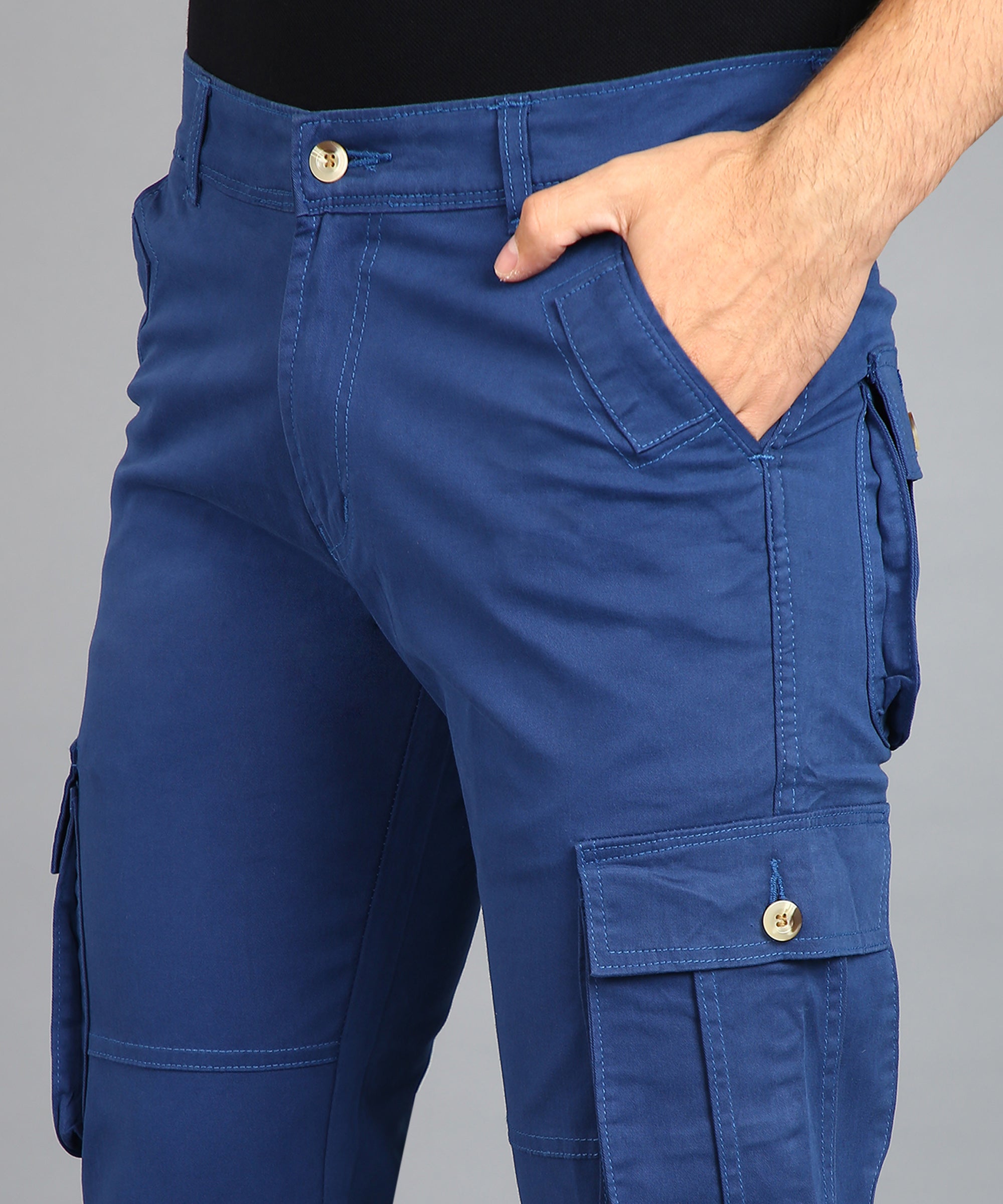 Men's Royal Blue Regular Fit Solid Cargo Chino Pant with 6 Pockets