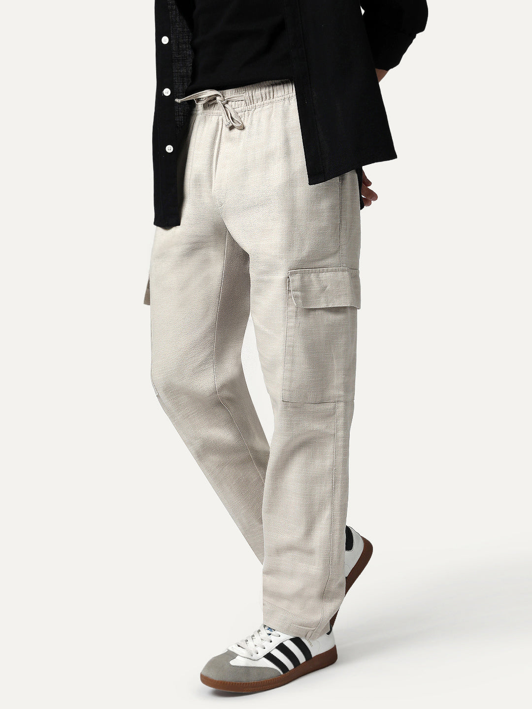 Men's Beige Straight Fit Linen Cargo Pants with 6 Pockets