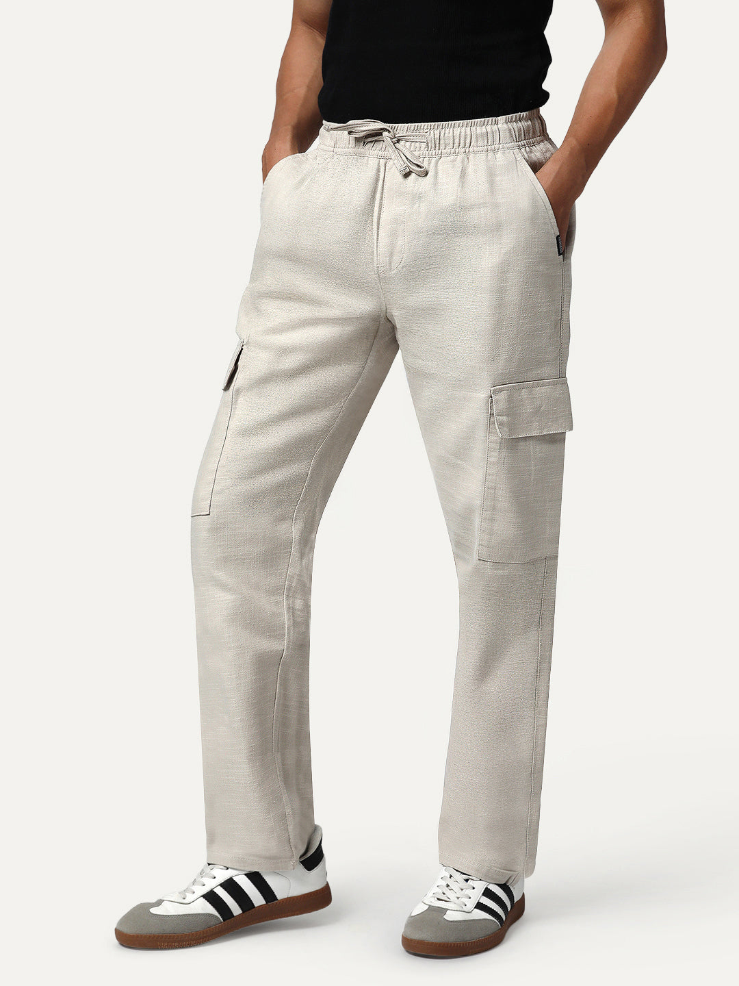 Men's Beige Straight Fit Linen Cargo Pants with 6 Pockets