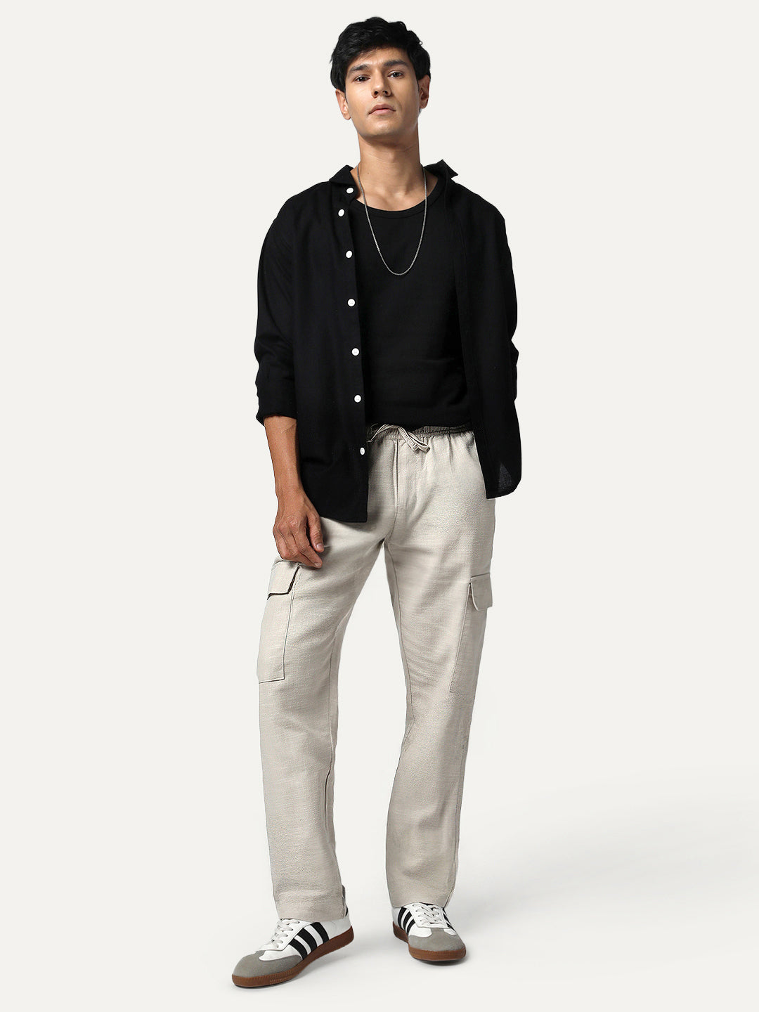 Men's Beige Straight Fit Linen Cargo Pants with 6 Pockets