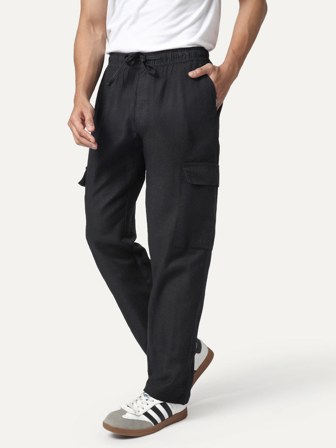 Men's Black Straight Fit Linen Cargo Pants with 6 Pockets