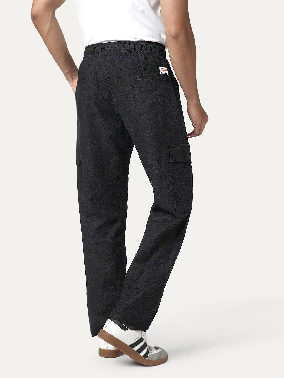 Men's Black Straight Fit Linen Cargo Pants with 6 Pockets
