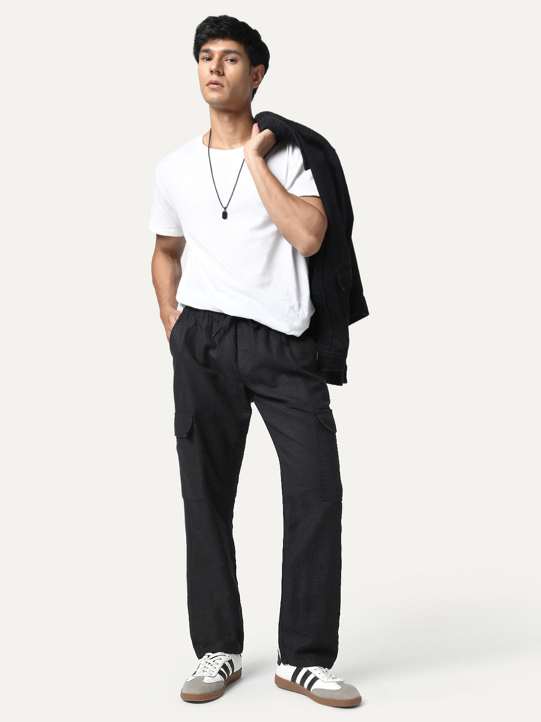 Men's Black Straight Fit Linen Cargo Pants with 6 Pockets