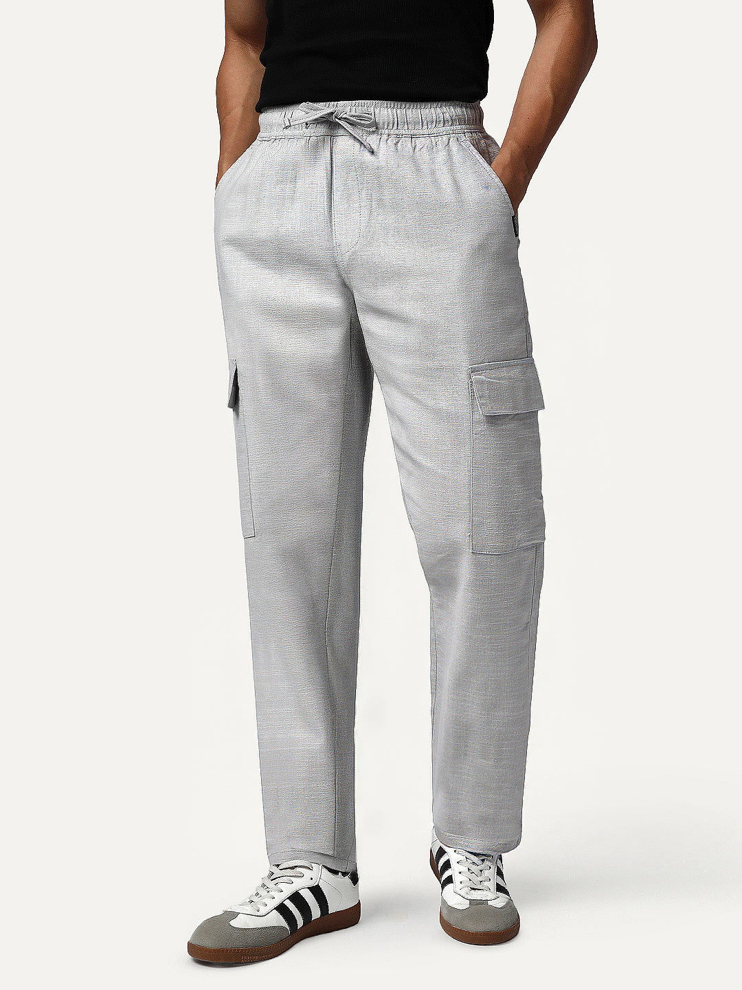 Men's Light Grey Straight Fit Linen Cargo Pants with 6 Pockets