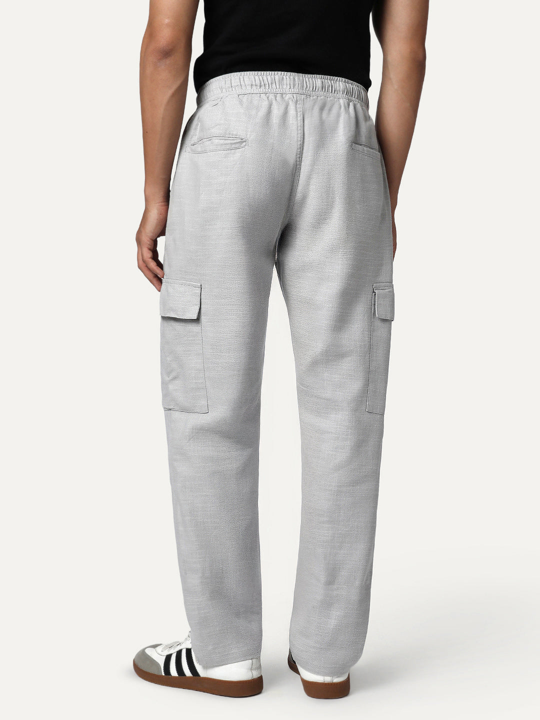 Men's Light Grey Straight Fit Linen Cargo Pants with 6 Pockets