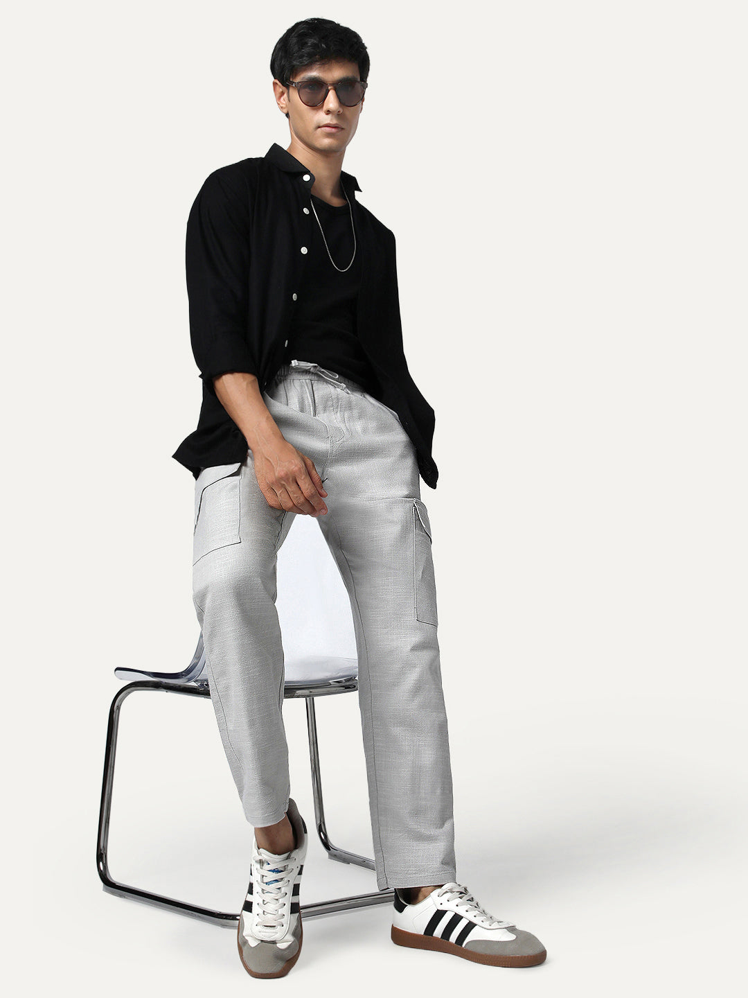 Men's Light Grey Straight Fit Linen Cargo Pants with 6 Pockets