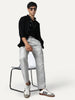 Men's Light Grey Straight Fit Linen Cargo Pants with 6 Pockets