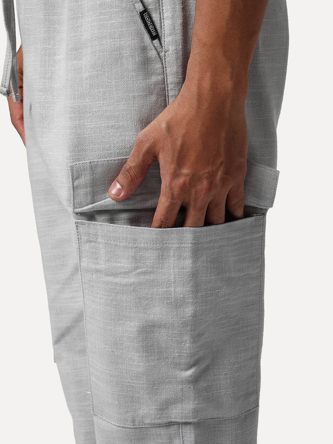 Men's Light Grey Straight Fit Linen Cargo Pants with 6 Pockets