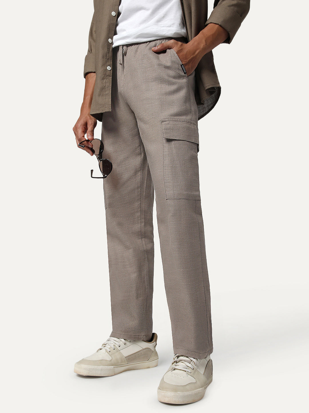 Men's Light Khaki Straight Fit Linen Cargo Pants with 6 Pockets