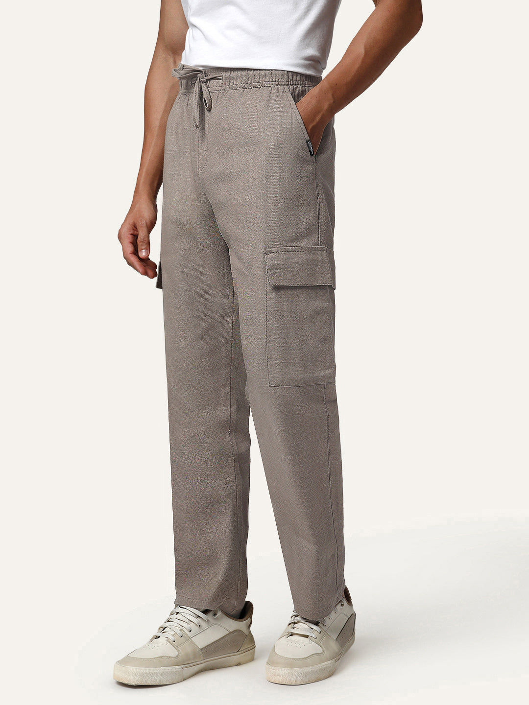 Men's Light Khaki Straight Fit Linen Cargo Pants with 6 Pockets
