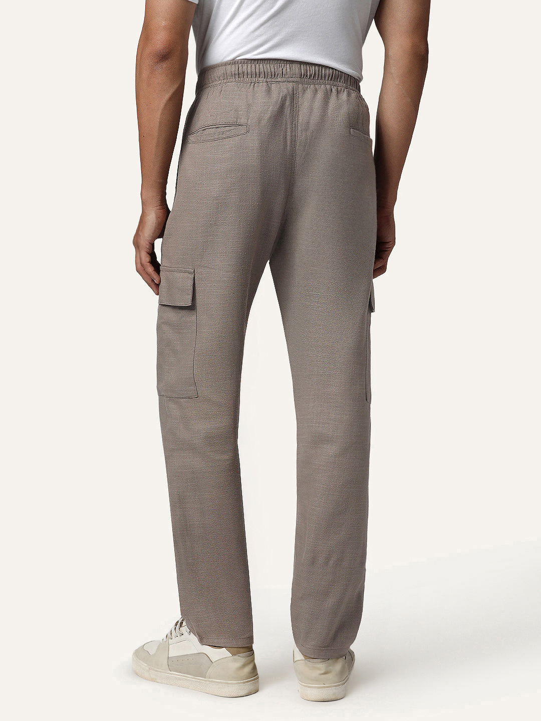 Men's Light Khaki Straight Fit Linen Cargo Pants with 6 Pockets