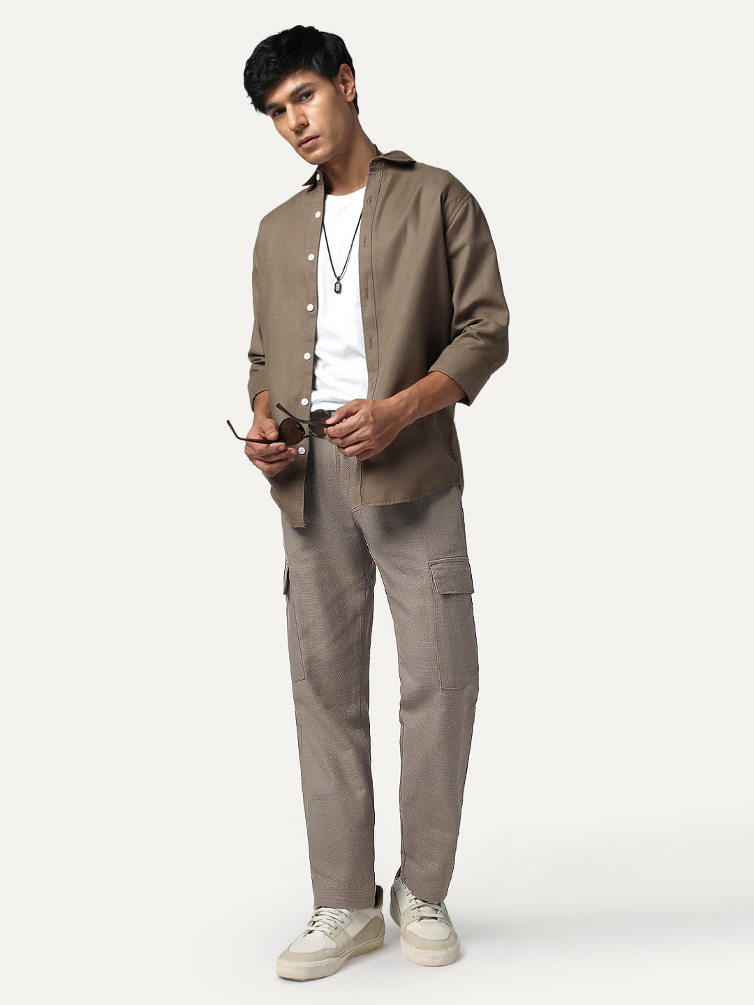 Men's Light Khaki Straight Fit Linen Cargo Pants with 6 Pockets