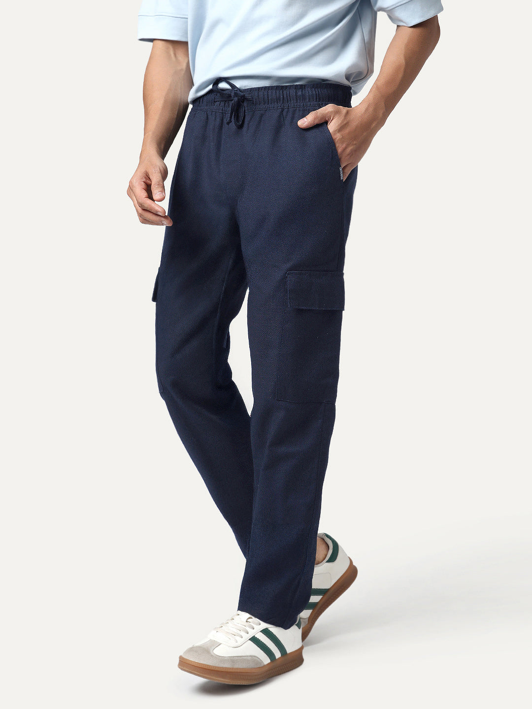 Men's Navy Straight Fit Linen Cargo Pants with 6 Pockets