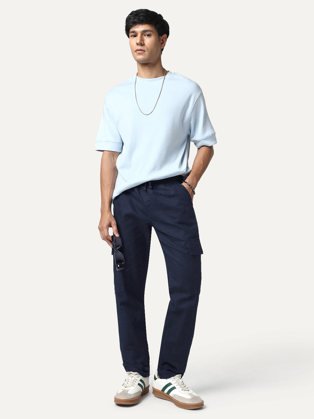 Men's Navy Straight Fit Linen Cargo Pants with 6 Pockets