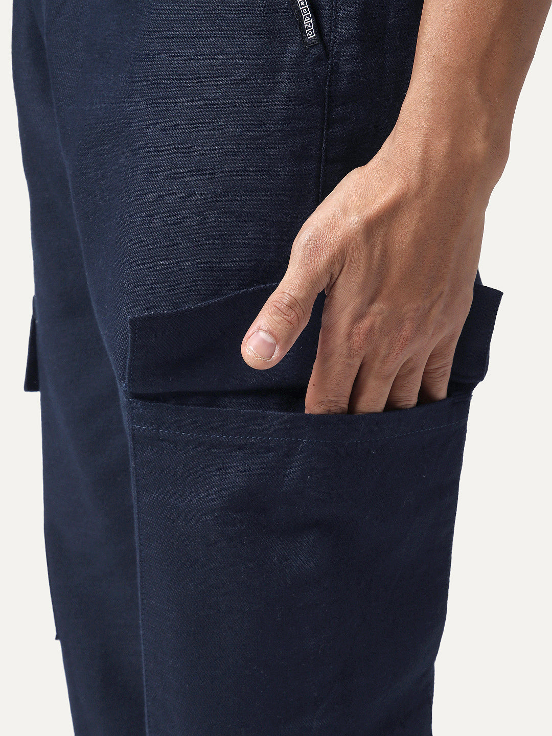 Men's Navy Straight Fit Linen Cargo Pants with 6 Pockets