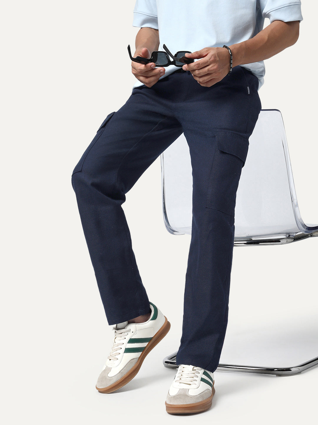Men's Navy Straight Fit Linen Cargo Pants with 6 Pockets