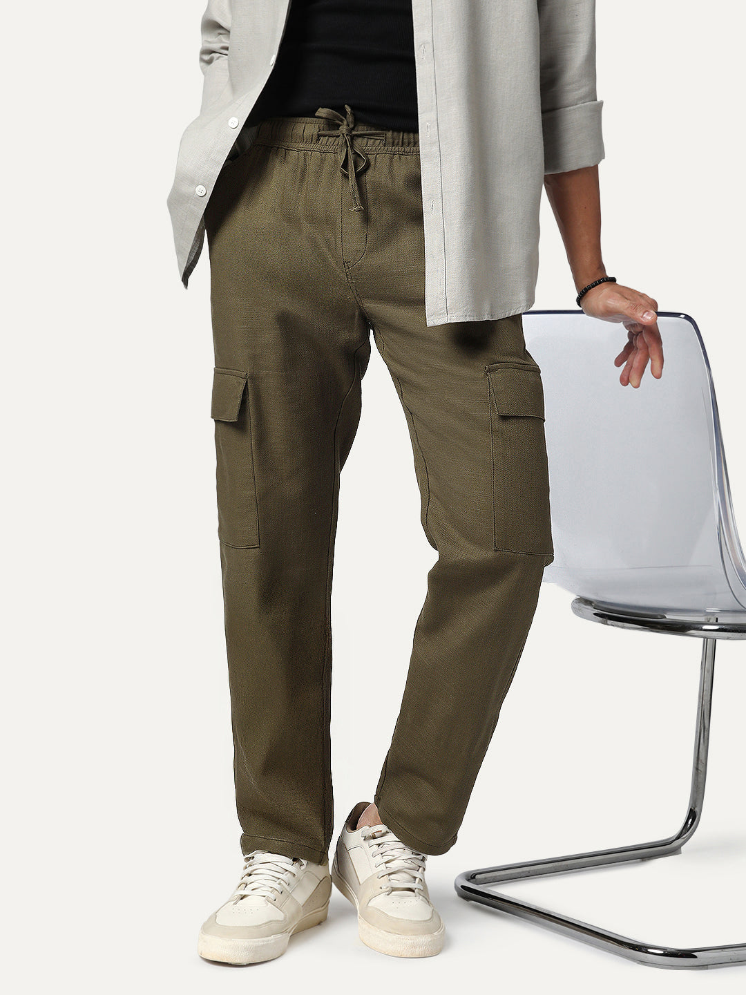 Men's Olive Straight Fit Linen Cargo Pants with 6 Pockets