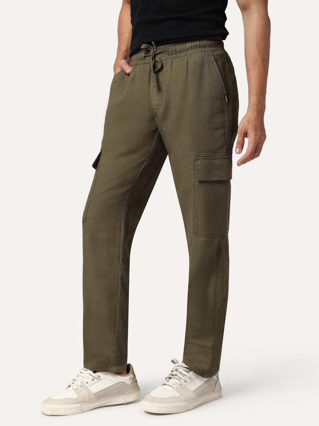 Men's Olive Straight Fit Linen Cargo Pants with 6 Pockets