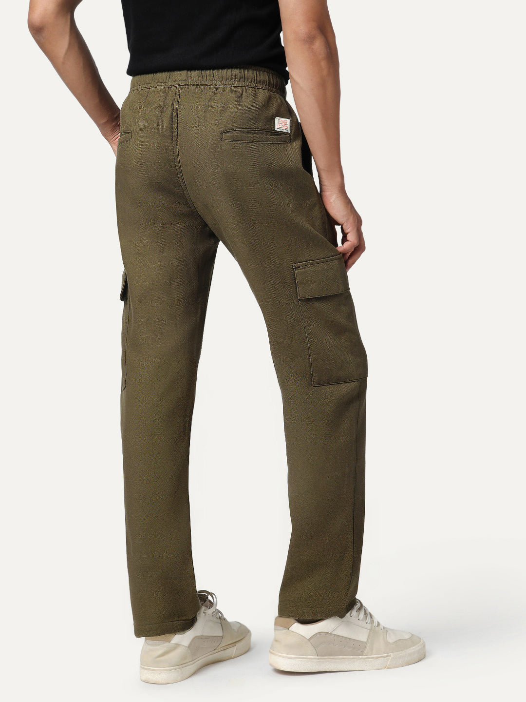 Men's Olive Straight Fit Linen Cargo Pants with 6 Pockets