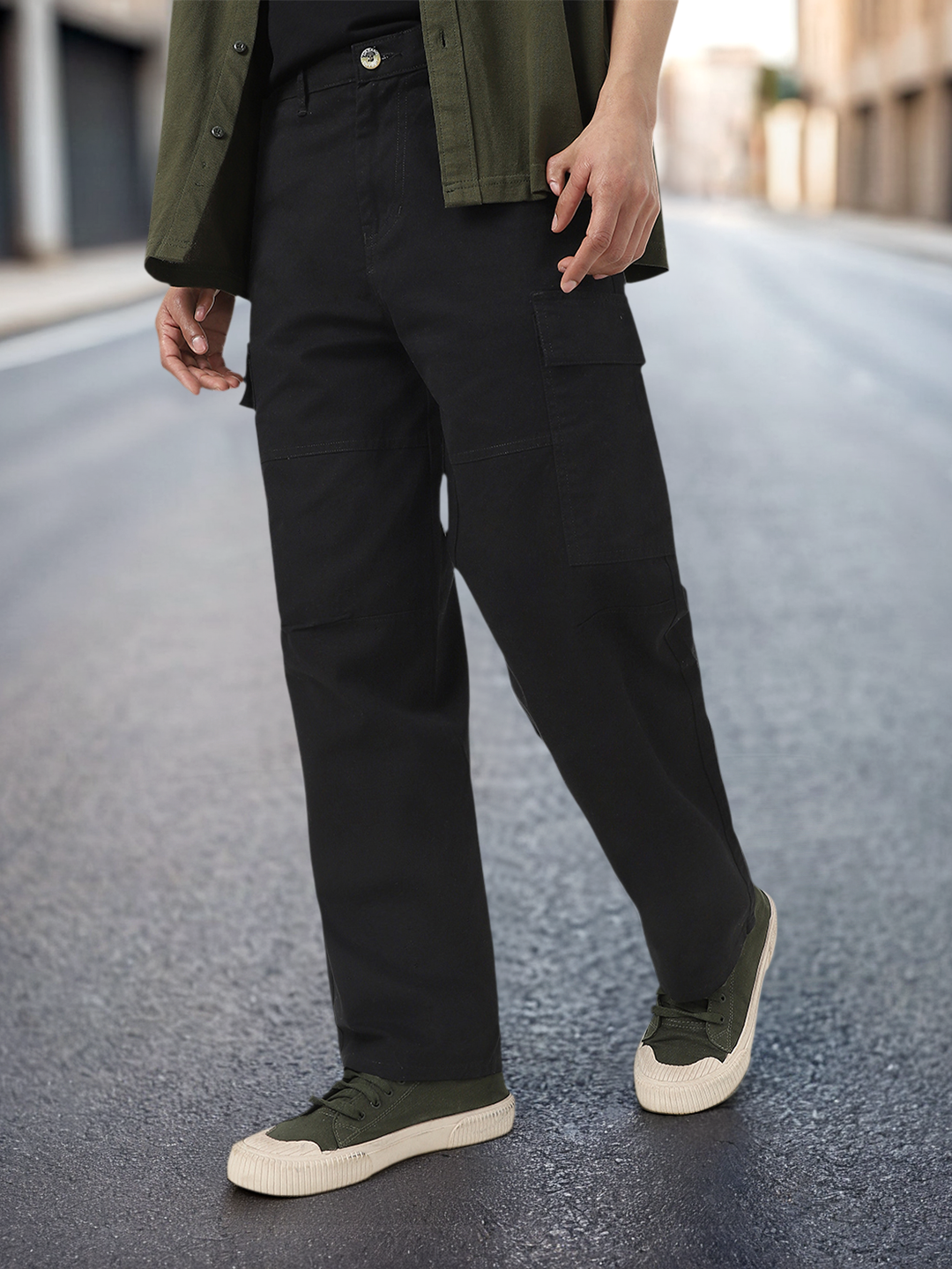 Men's Black Loose Baggy Fit Solid Cargo Chino Pant with 6 Pockets Non-Stretchable