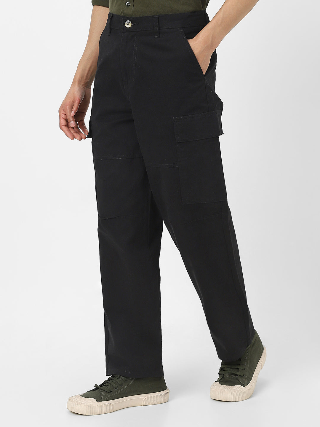 Men's Black Loose Baggy Fit Solid Cargo Chino Pant with 6 Pockets Non-Stretchable