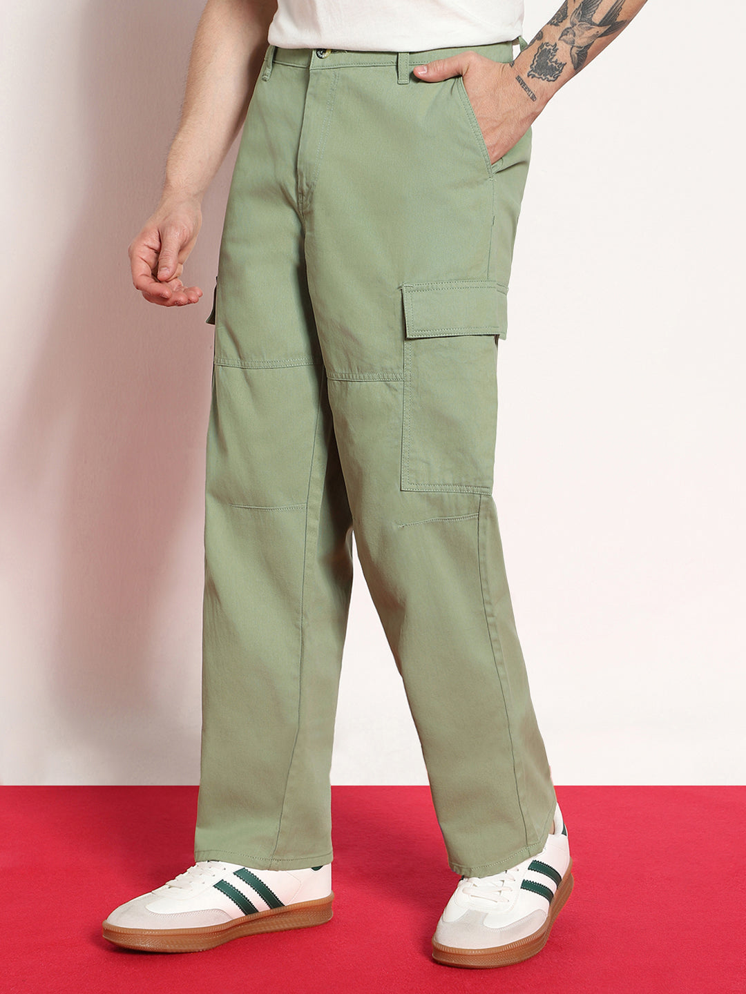Men's Pista Loose Baggy Fit Solid Cargo Chino Pant with 6 Pockets Non-Stretchable