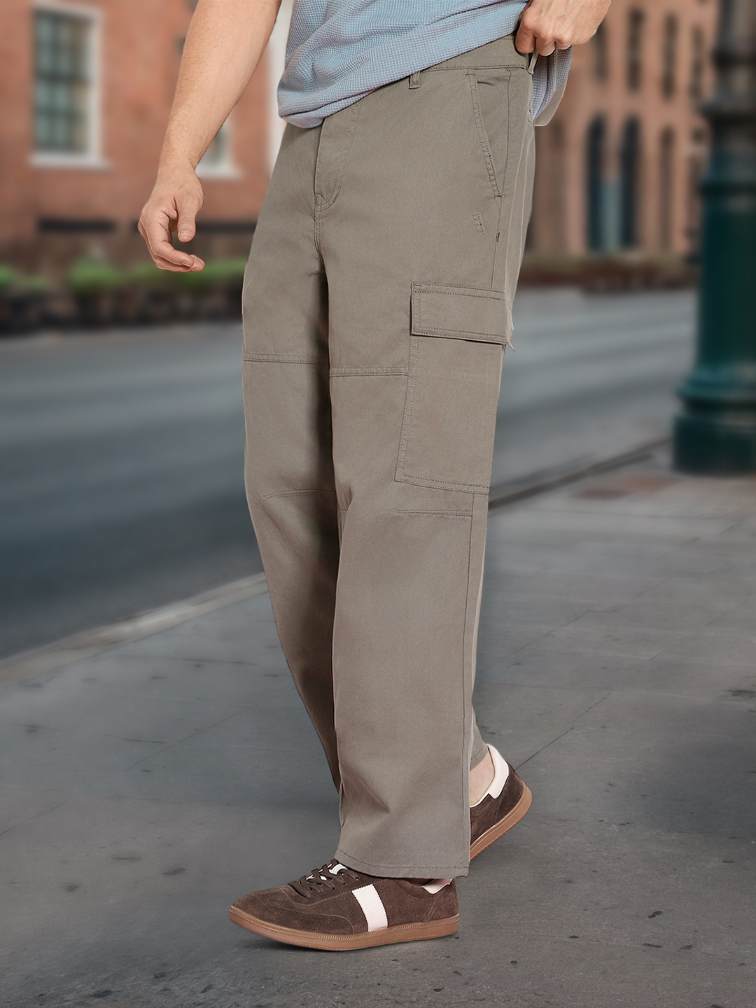 Men's Steel Grey Loose Baggy Fit Solid Cargo Chino Pant with 6 Pockets Non-Stretchable