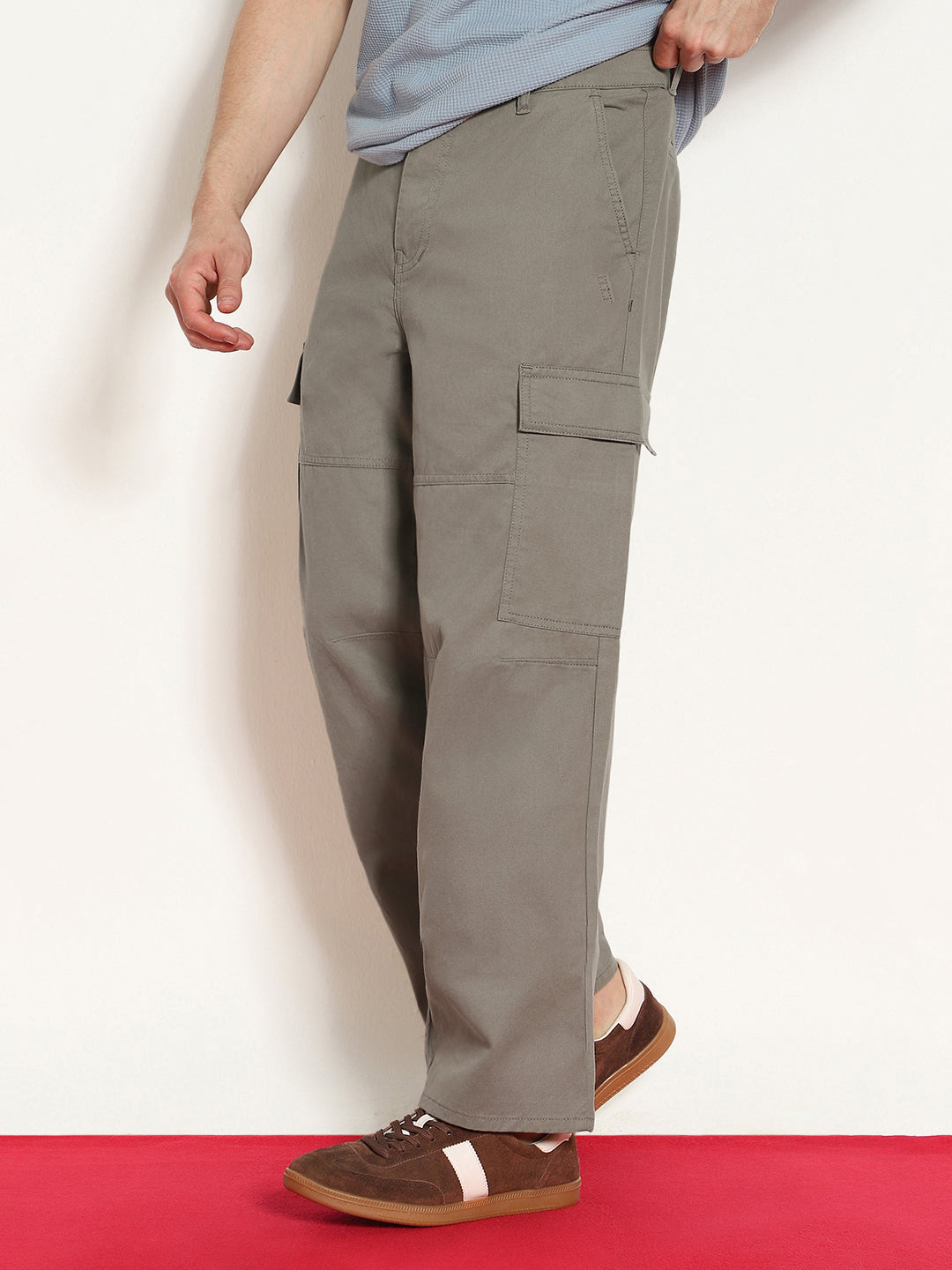 Men's Steel Grey Loose Baggy Fit Solid Cargo Chino Pant with 6 Pockets Non-Stretchable