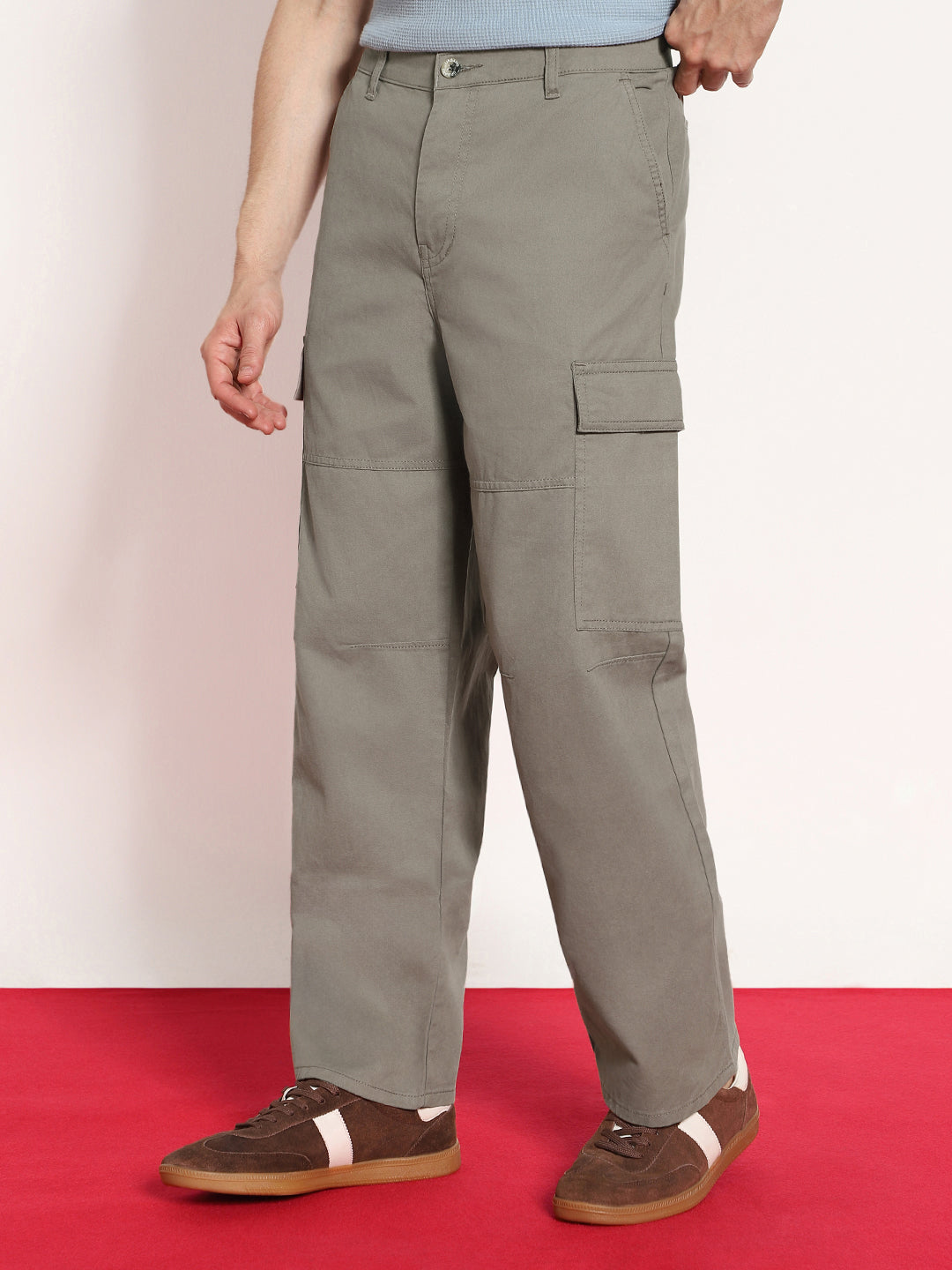 Men's Steel Grey Loose Baggy Fit Solid Cargo Chino Pant with 6 Pockets Non-Stretchable