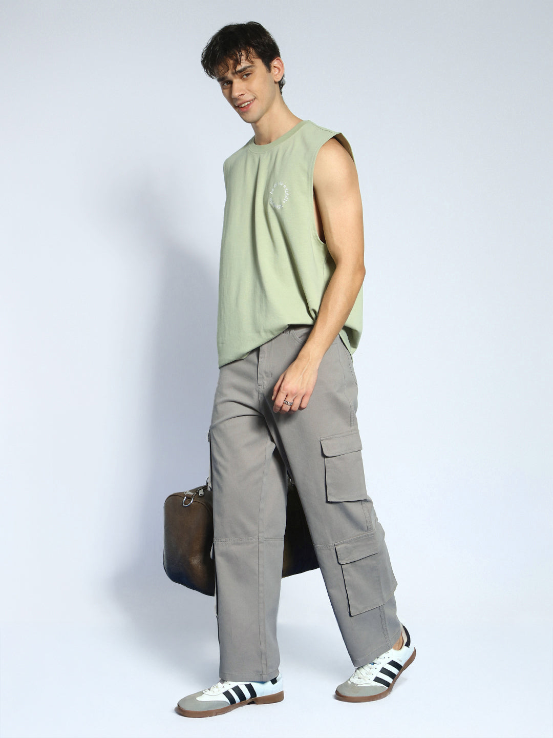 Men's Grey Loose Baggy Fit Cargo Chino Pant with 8 Pockets Stretchable