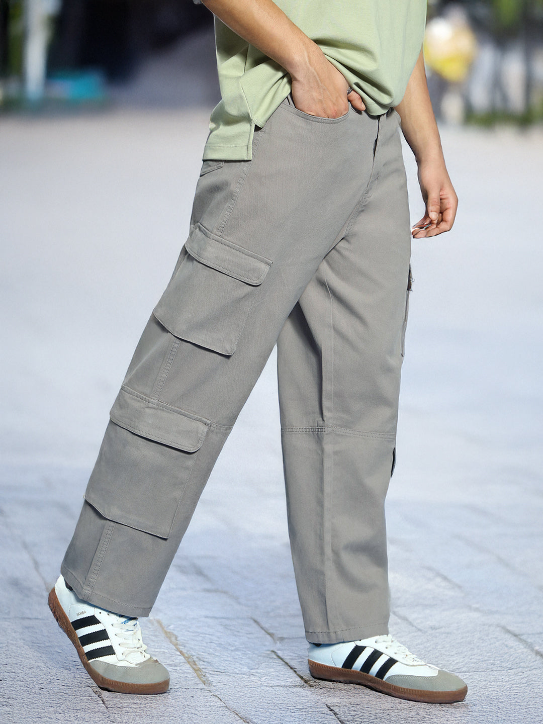 Men's Grey Loose Baggy Fit Cargo Chino Pant with 8 Pockets Stretchable