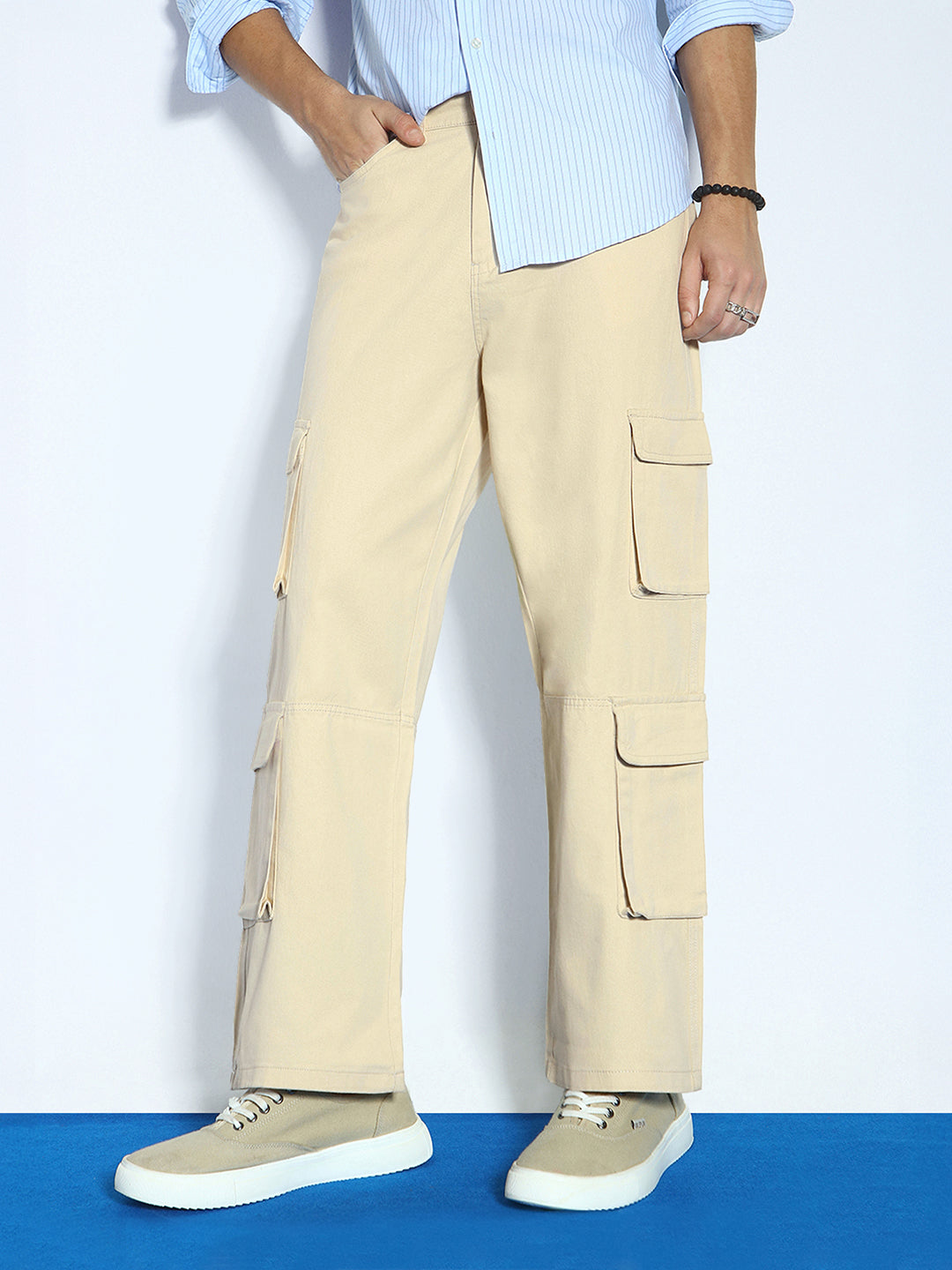 Men's Beige Loose Baggy Fit Cargo Chino Pant with 8 Pockets Stretchable