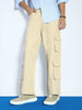 Men's Beige Loose Baggy Fit Cargo Chino Pant with 8 Pockets Stretchable