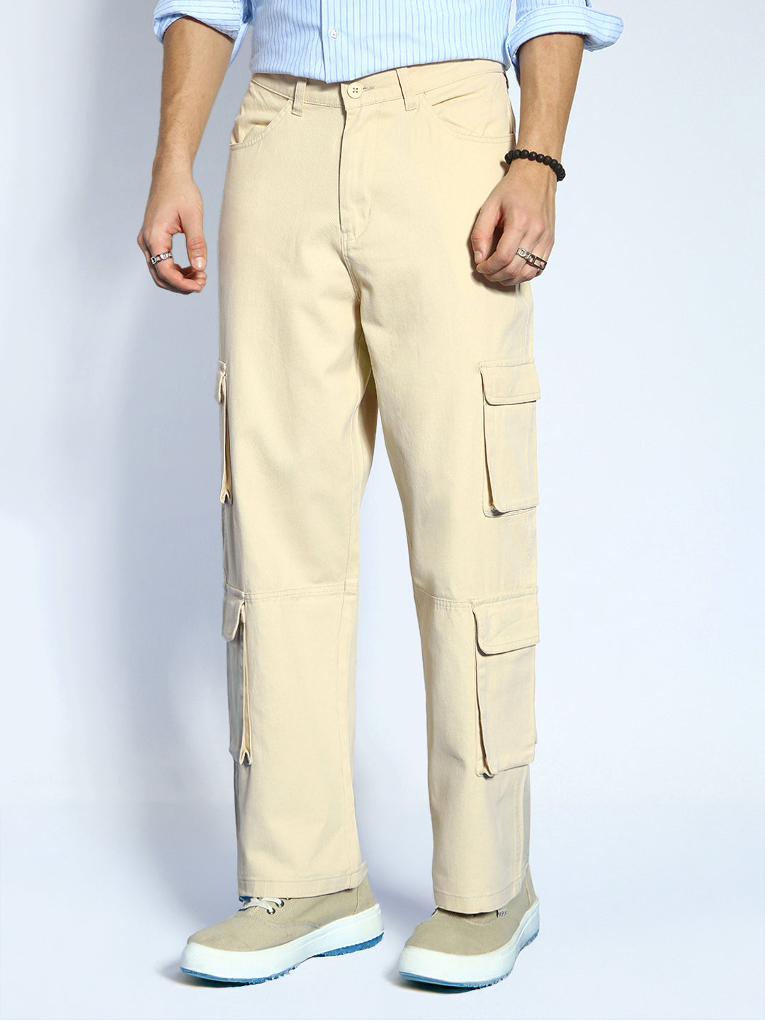Men's Beige Loose Baggy Fit Cargo Chino Pant with 8 Pockets Stretchable
