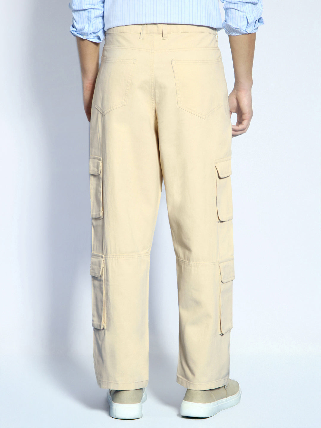Men's Beige Loose Baggy Fit Cargo Chino Pant with 8 Pockets Stretchable