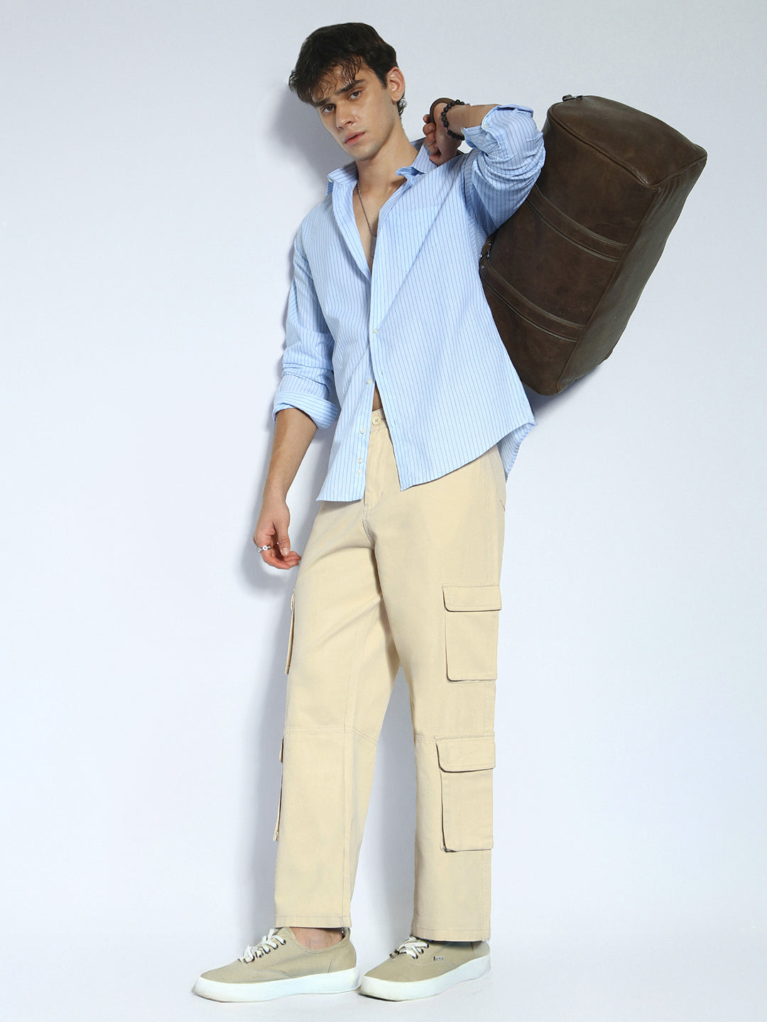 Men's Beige Loose Baggy Fit Cargo Chino Pant with 8 Pockets Stretchable