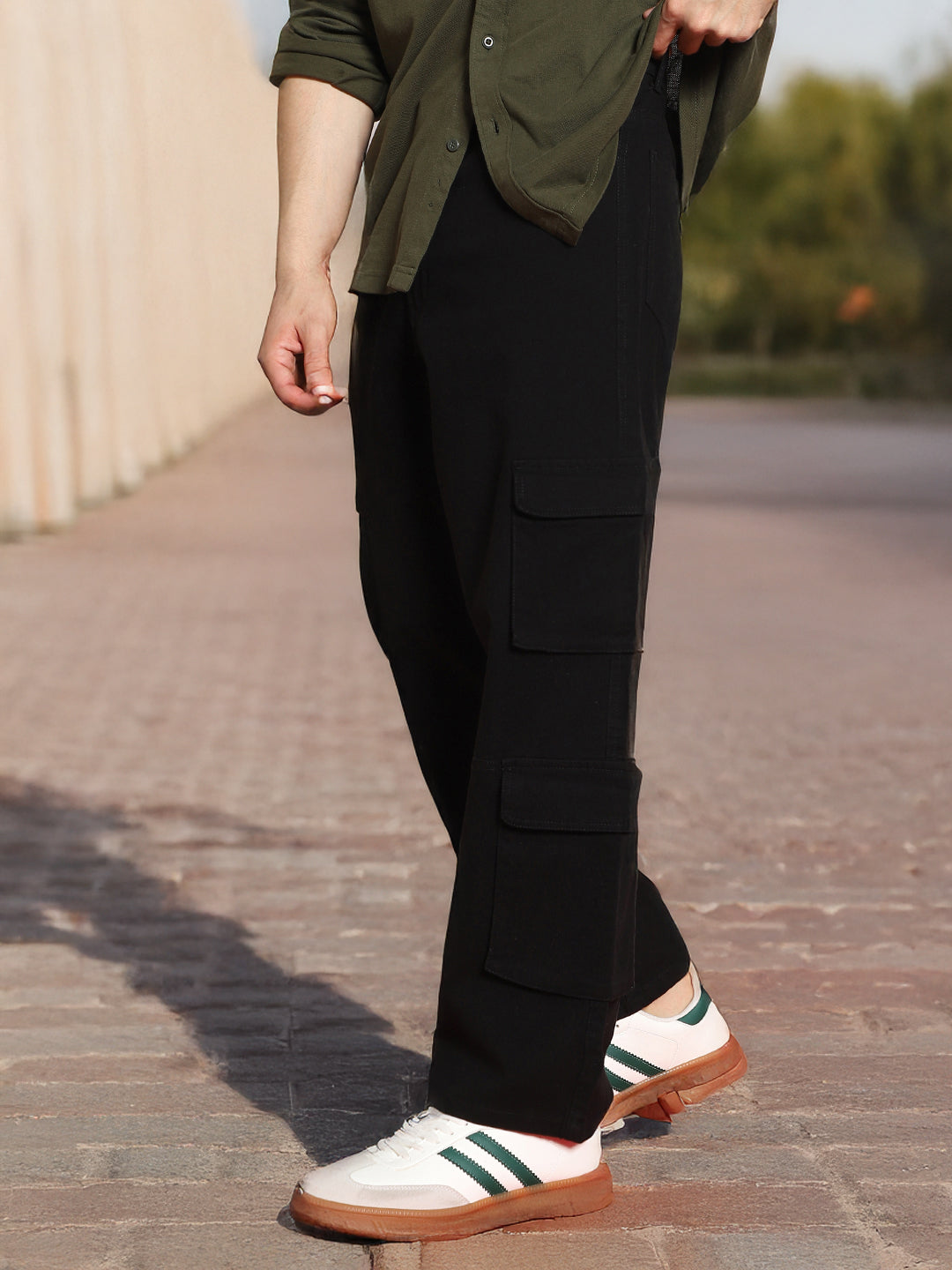Men's Black Loose Baggy Fit Cargo Chino Pant with 8 Pockets Stretchable