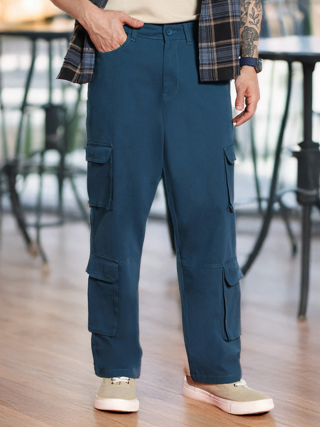 Men's Denim Blue Loose Baggy Fit Cargo Chino Pant with 8 Pockets Stretchable