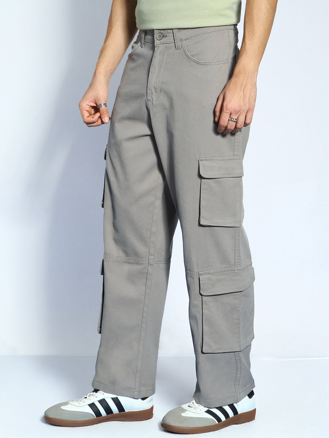 Men's Grey Loose Baggy Fit Cargo Chino Pant with 8 Pockets Stretchable
