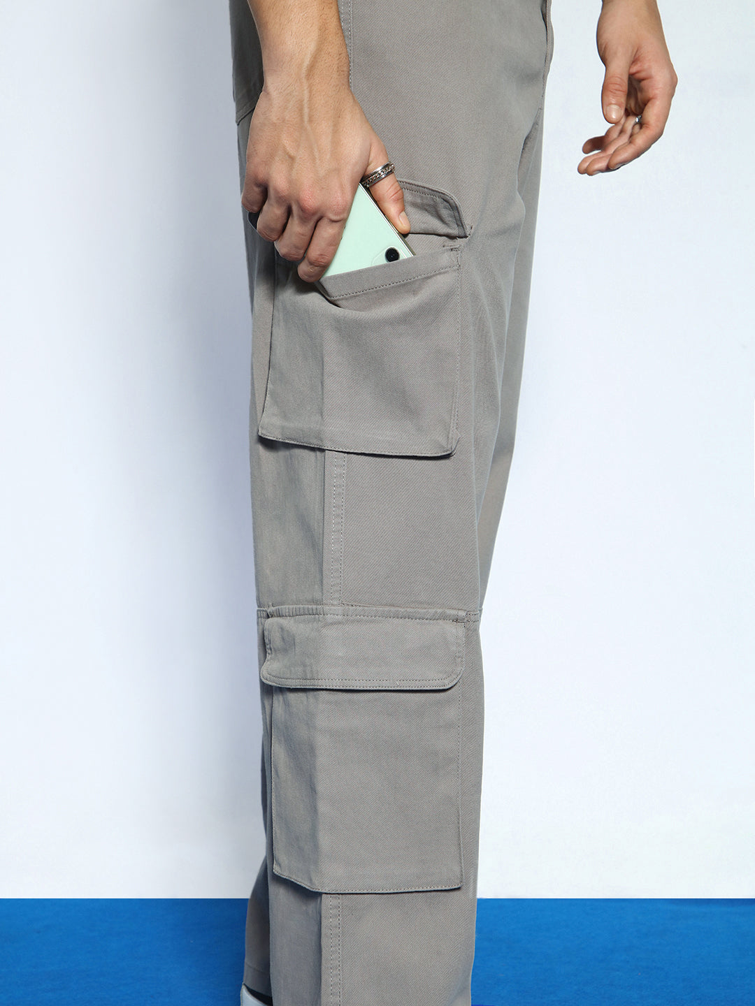 Men's Grey Loose Baggy Fit Cargo Chino Pant with 8 Pockets Stretchable