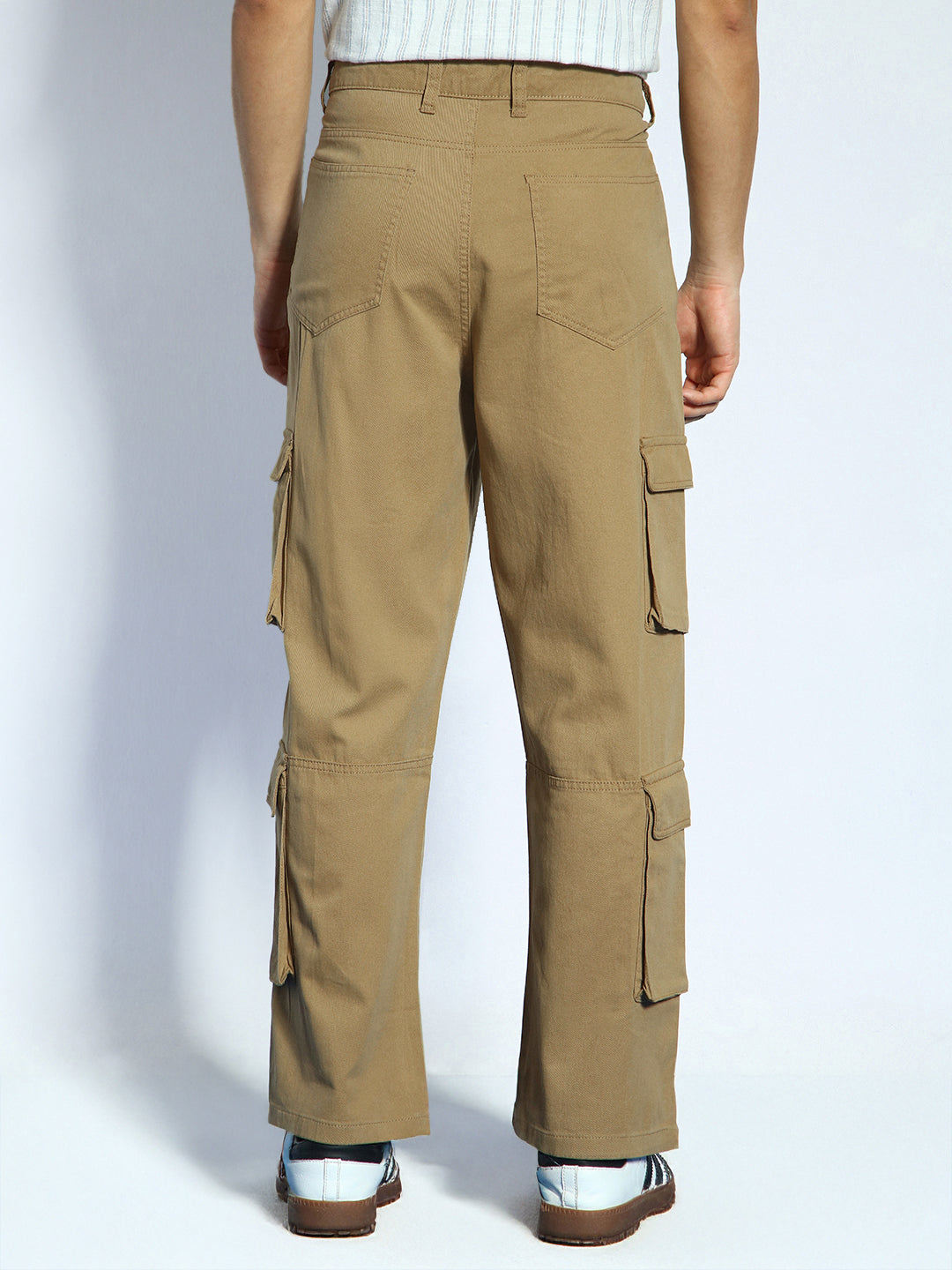Men's Khaki Loose Baggy Fit Cargo Chino Pant with 8 Pockets Stretchable