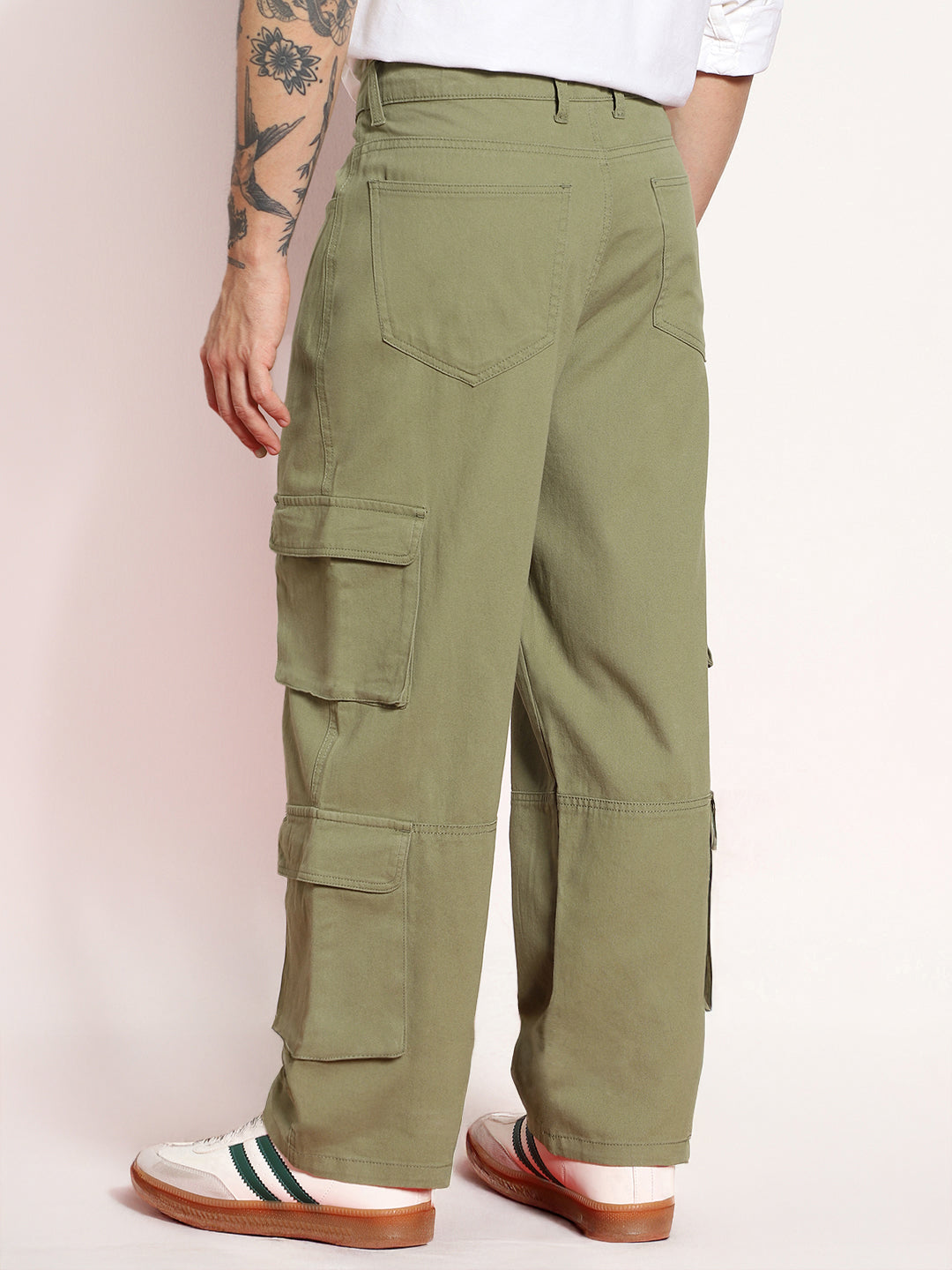 Men's Light Olive Loose Baggy Fit Cargo Chino Pant with 8 Pockets Stretchable
