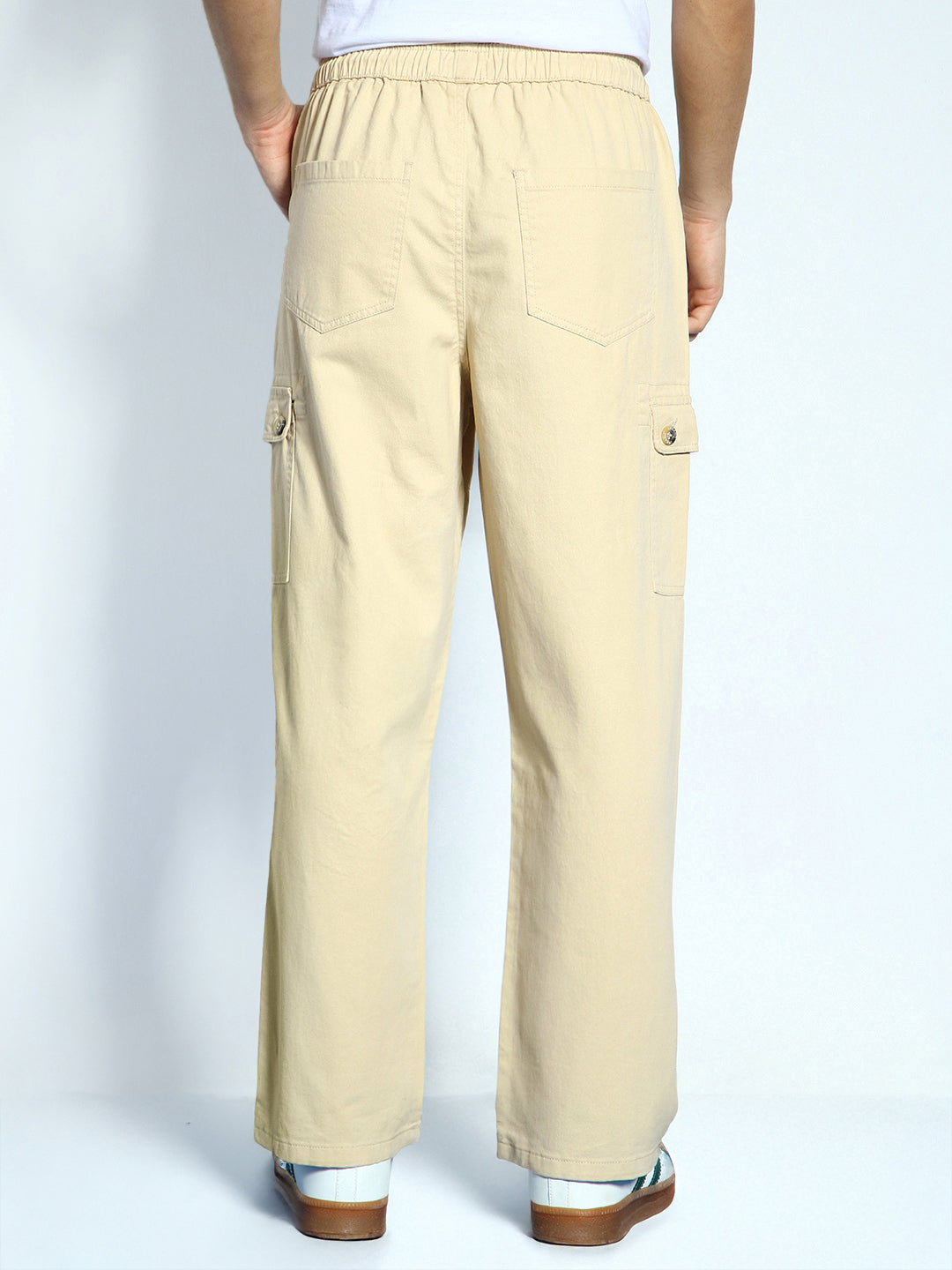 Men's Beige Loose Baggy Fit Cargo Jogger Chino Pant with 6 Pockets Stretchable