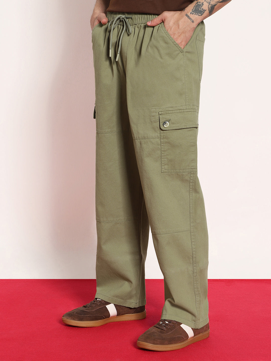 Men's Light Olive Loose Baggy Fit Cargo Jogger Chino Pant with 6 Pockets Stretchable