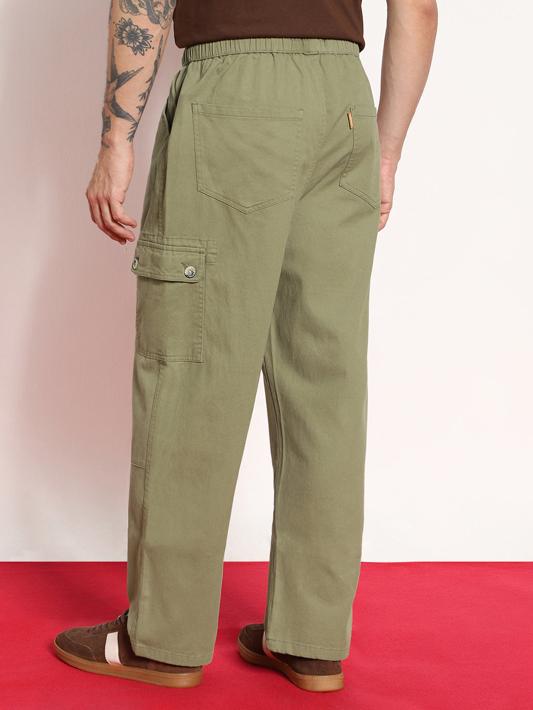 Men's Light Olive Loose Baggy Fit Cargo Jogger Chino Pant with 6 Pockets Stretchable