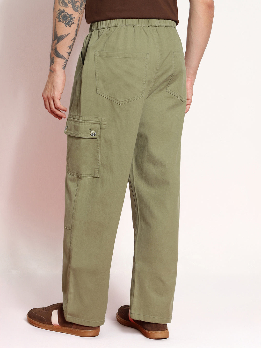Men's Light Olive Loose Baggy Fit Cargo Jogger Chino Pant with 6 Pockets Stretchable