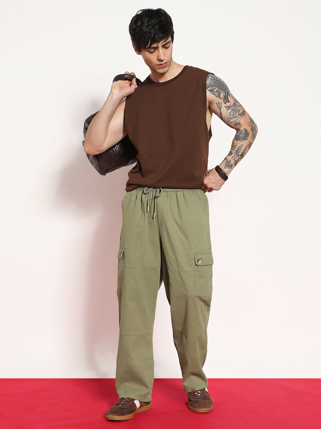 Men's Light Olive Loose Baggy Fit Cargo Jogger Chino Pant with 6 Pockets Stretchable