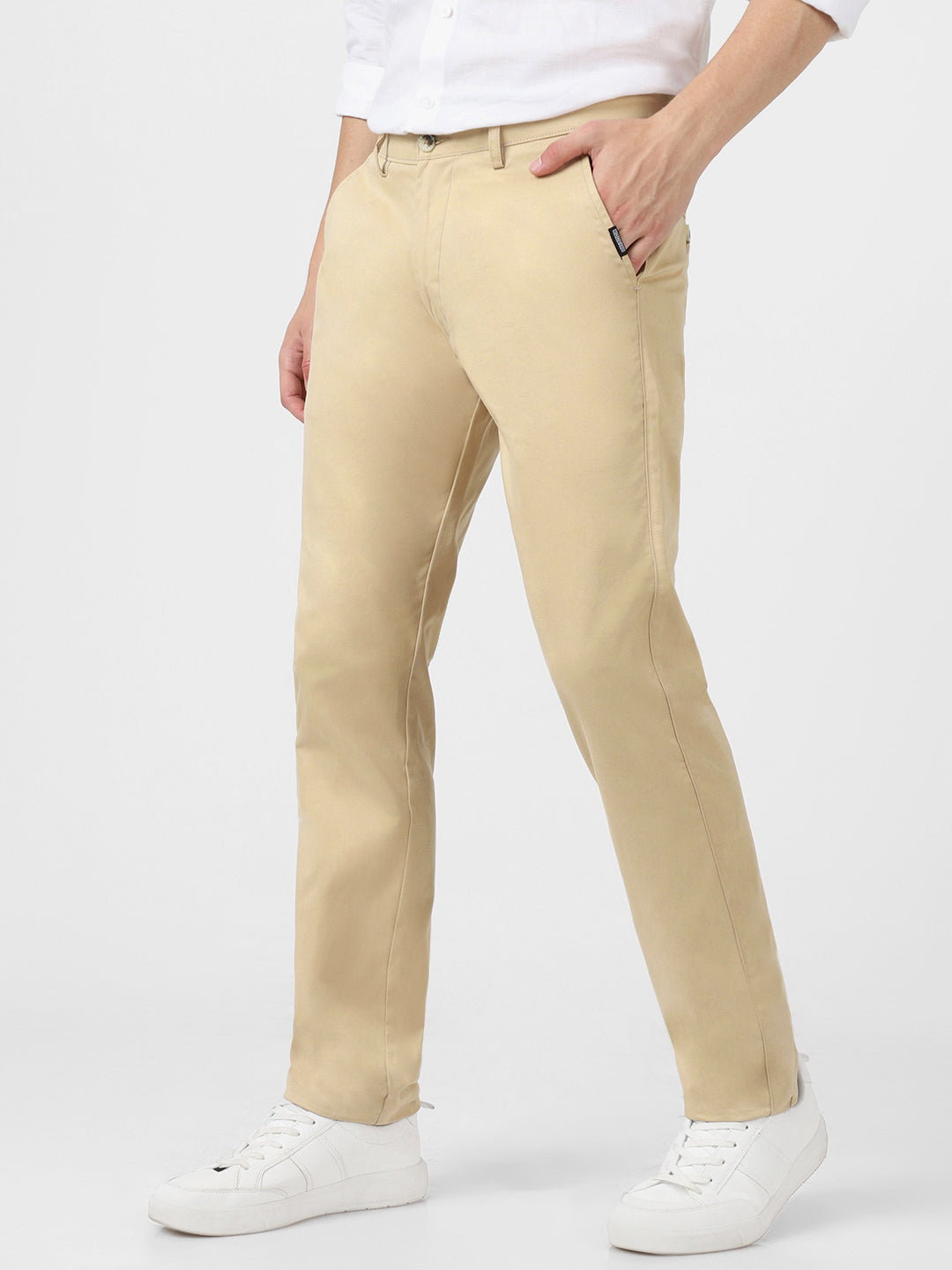 Men's Beige Cotton Slim Fit Casual Chinos Trousers Stretch