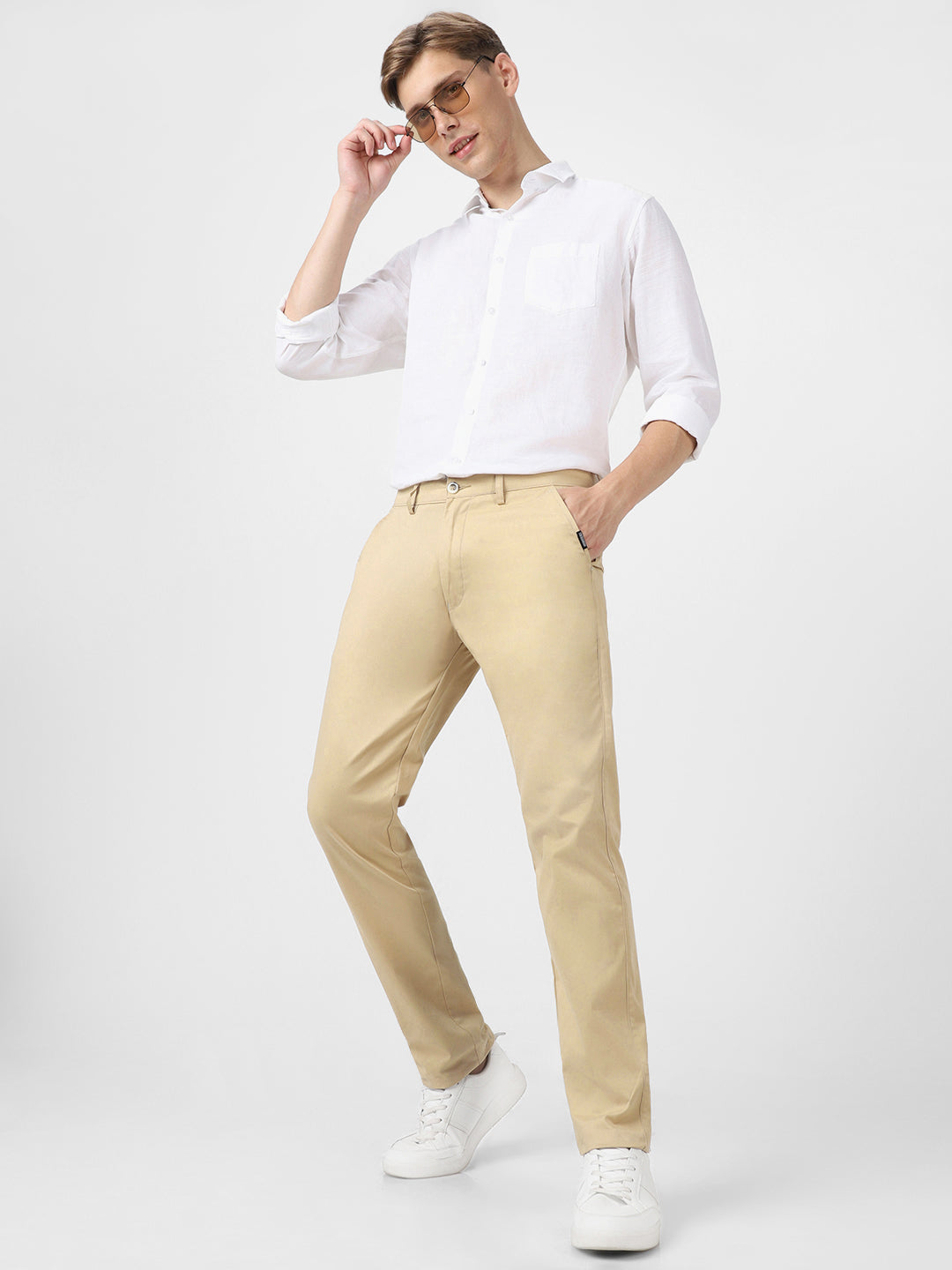 Men's Beige Cotton Slim Fit Casual Chinos Trousers Stretch