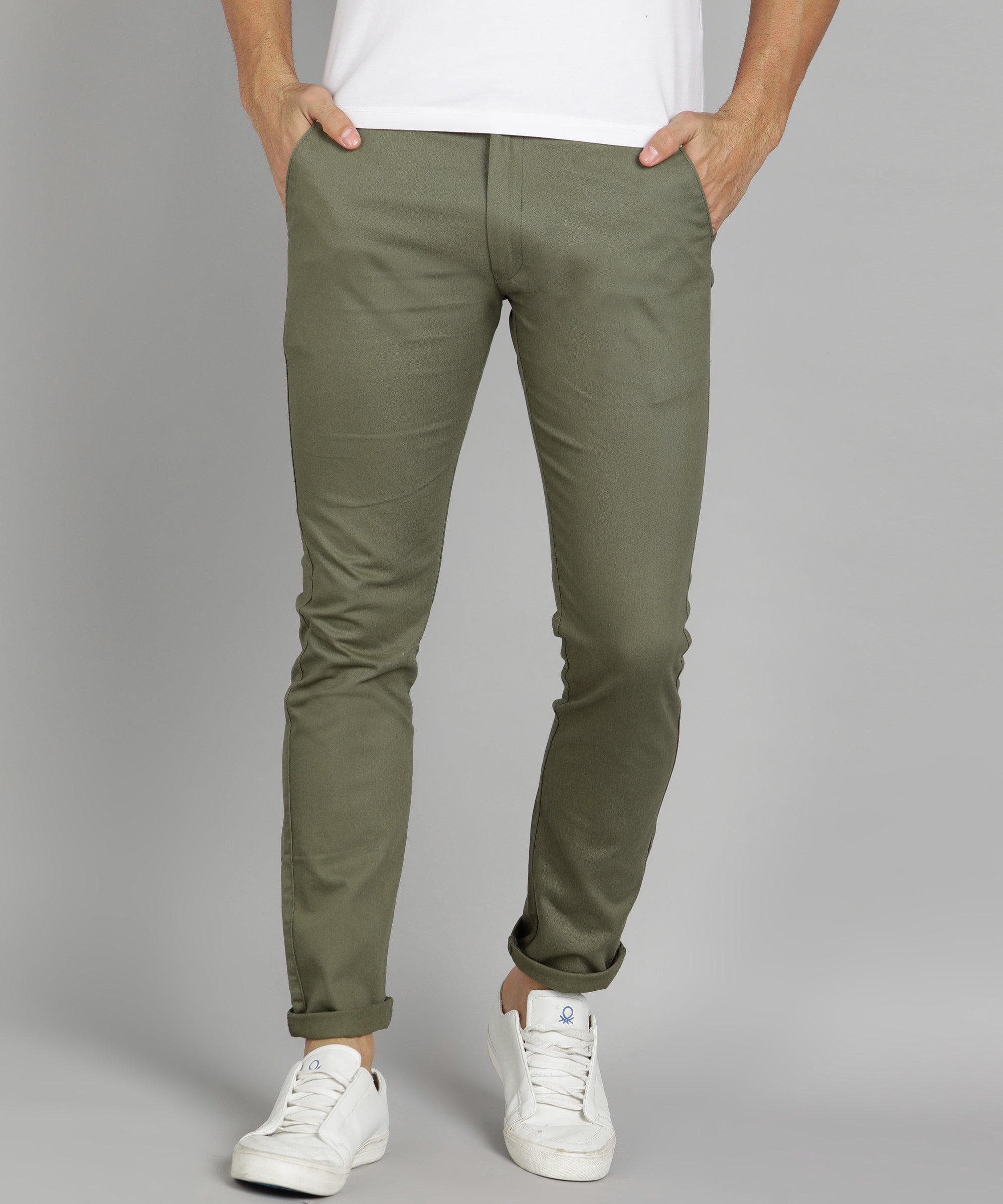 Men's Olive Green Cotton Slim Fit Casual Chinos Trousers Stretch